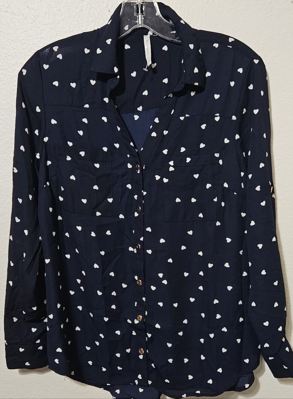 DNA couture Navy Button-Down Shirt with White Heart Print